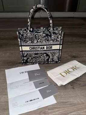 CHRISTIAN DIOR SMALL BOOK TOTE NAVY WHITE TOILE DE JOUY TIGER EMBROIDERED BAG